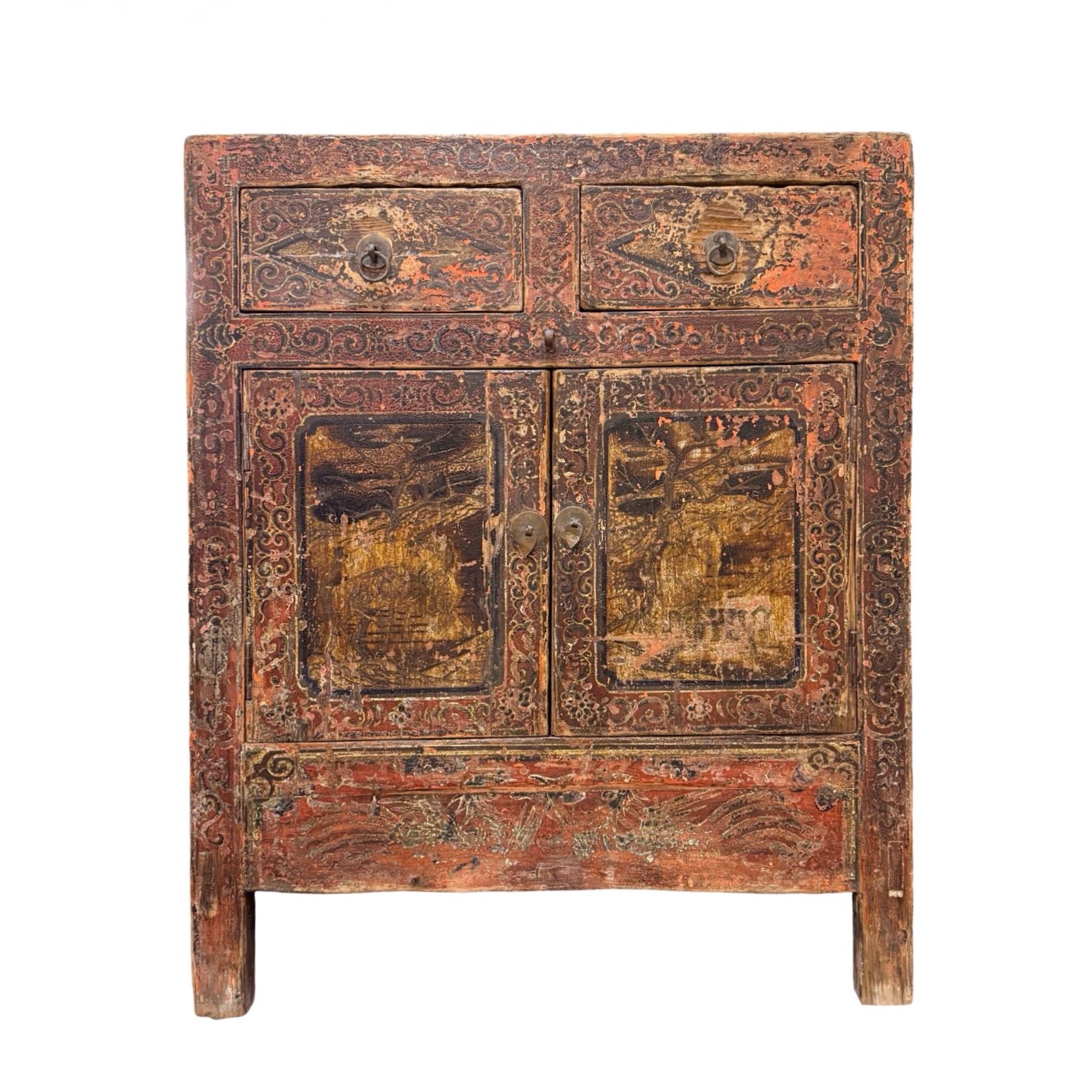 Antique Mongolian cabinet with original red and black lacquer and hand painted landscape panels