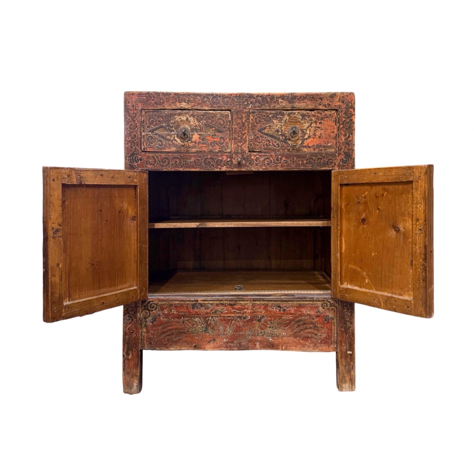 Antique Mongolian cabinet with original red and black lacquer and hand painted landscape panels