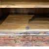 Inside of Antique Mongolian cabinet with original red and black lacquer and hand painted landscape panels