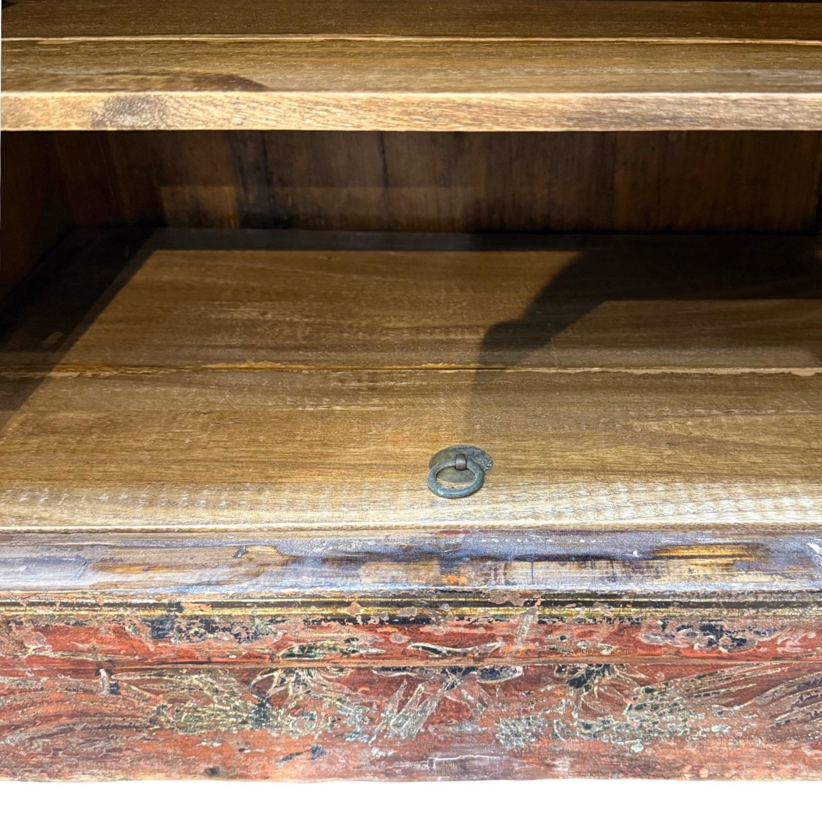 Inside of Antique Mongolian cabinet with original red and black lacquer and hand painted landscape panels