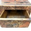Inside the drawer of Antique Mongolian cabinet with original red and black lacquer and hand painted landscape panels