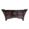 Antique Chinese low small sideboard with everted flanges and carved crane and deer panels