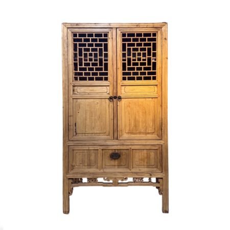 Antique Shanghai lattice cabinet with flip down panel and natural wood finish