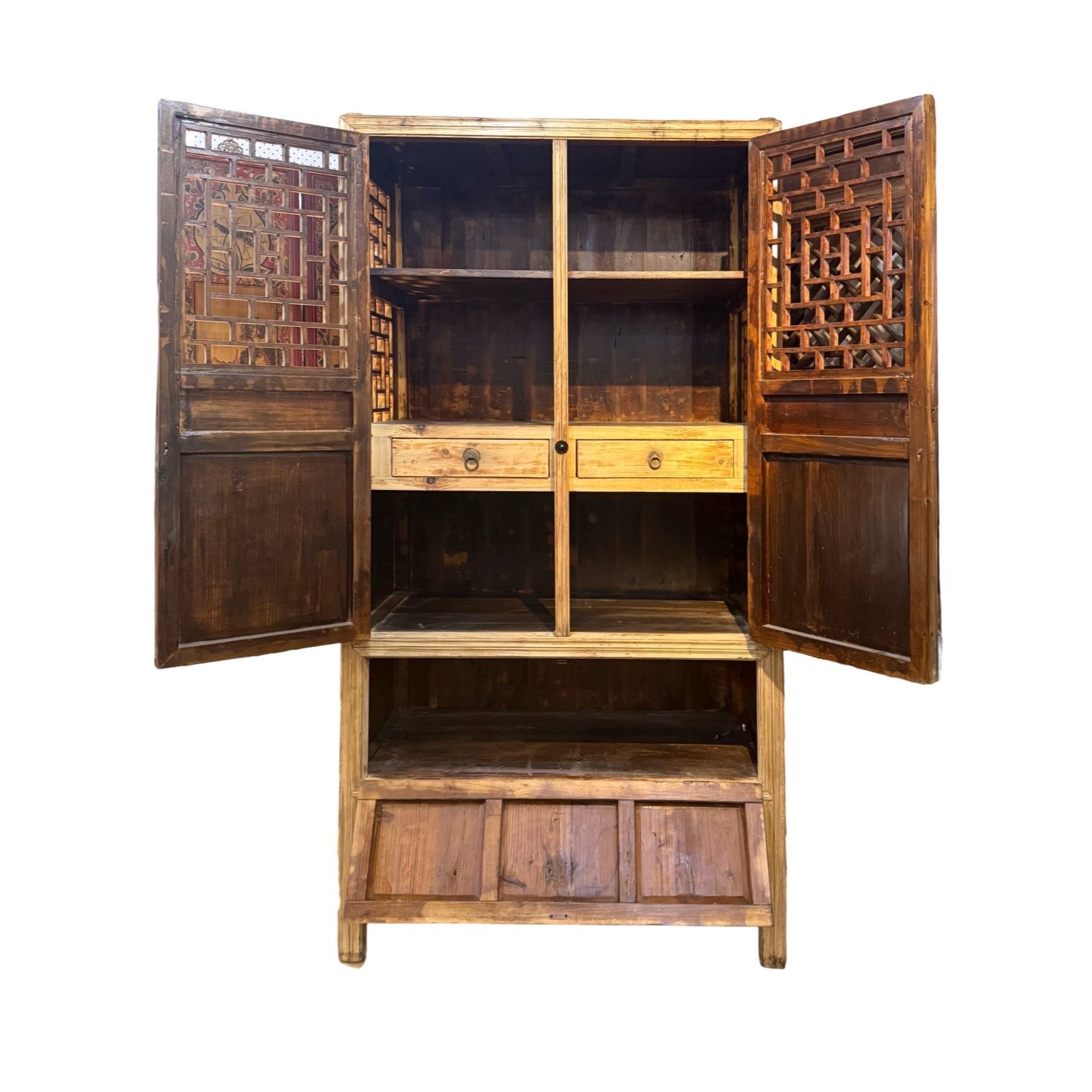 Antique Shanghai lattice cabinet with flip down panel and natural wood finish