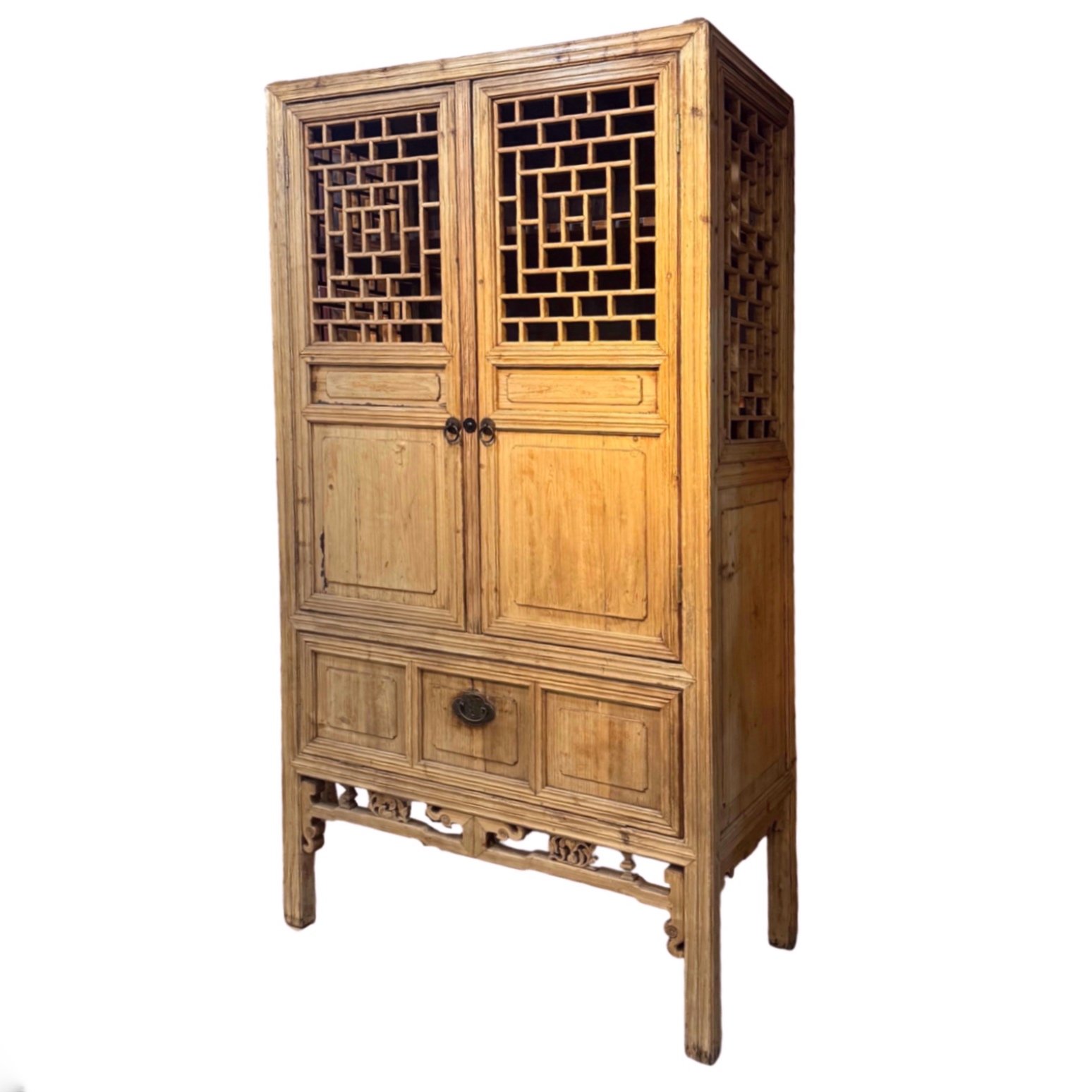 Antique Shanghai lattice cabinet with flip down panel and natural wood finish
