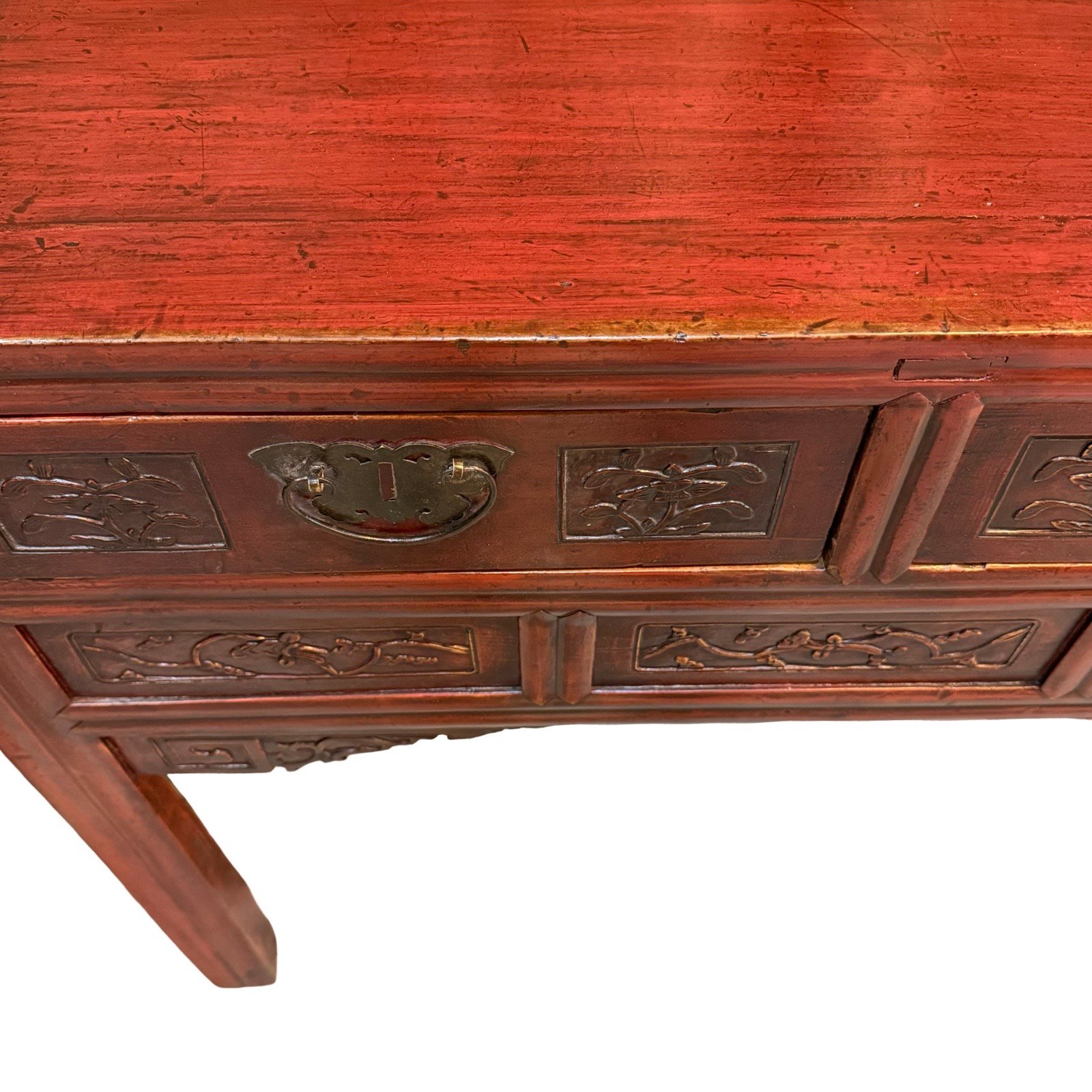 IMG_9807 Chinese antique red table with relief carvings close up on top